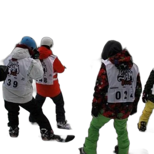jacket, group, snowboarders, wearing, numbered, vests, stand, snowy transparent PNG cut-out