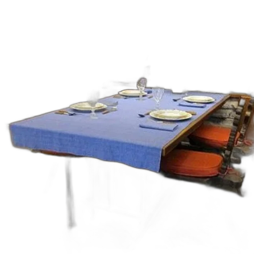 furniture, 3d render, dining, table, set, blue, tablecloth, white transparent PNG cut-out
