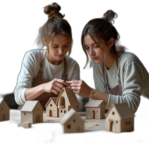 3d render, concept art, photorealistic, city street, female, potter, working, miniature transparent PNG cut-out