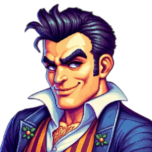 face, jacket, staff, cartoon, pixel art, comic book art, concept art, animated transparent PNG cut-out