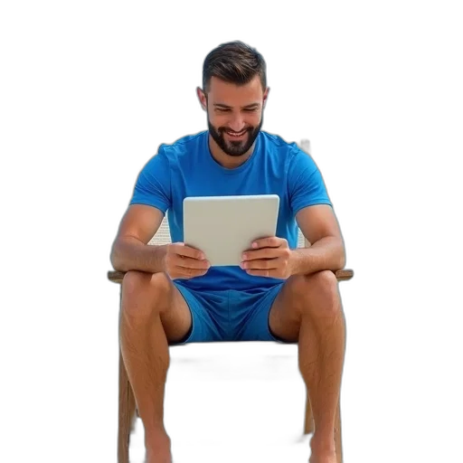 furniture, staff, man, sitting, wooden, beach, chair, sand transparent PNG cut-out