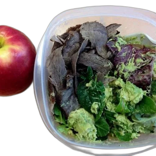 food, photorealistic, green, plastic, container, filled, salad, guacamole transparent PNG cut-out