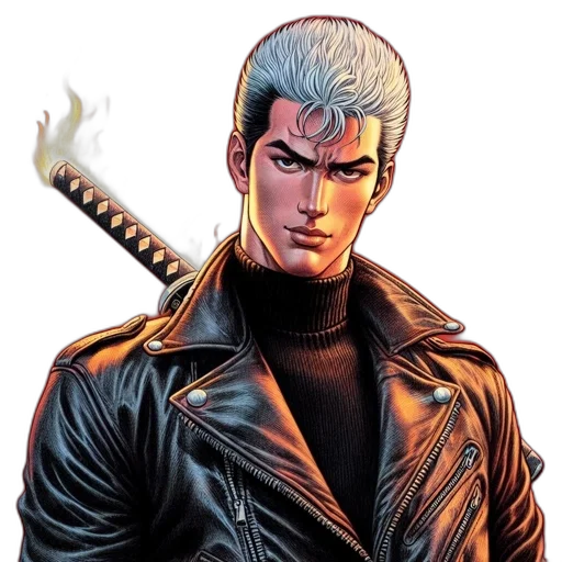 jacket, comic book art, concept art, cyberpunk, male, figure, powerful, presence transparent PNG cut-out