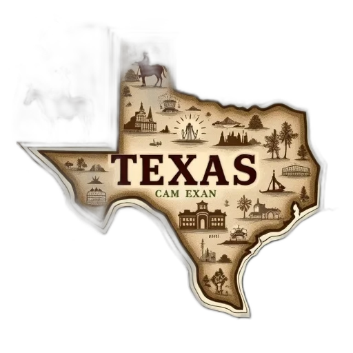 stylized, map, texas, various, illustrations, animals, landmarks, features transparent PNG cut-out