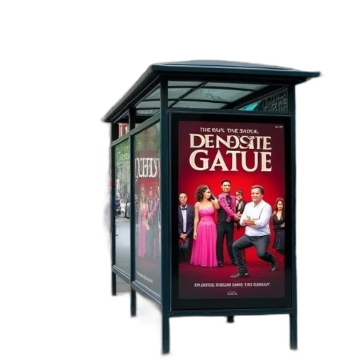 vibrant, street, scene, bus, stop, featuring, large, advertisement transparent PNG cut-out