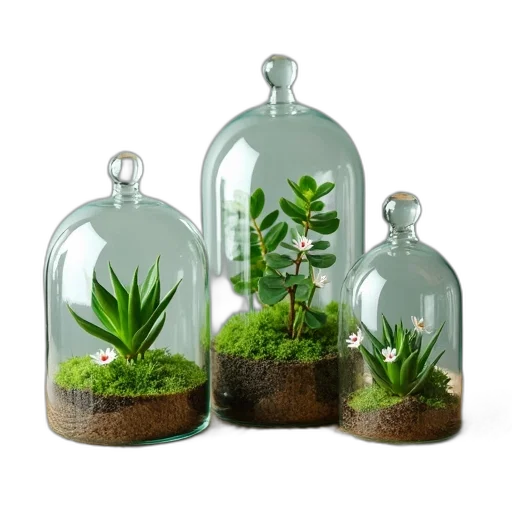 bottle, 3d render, photorealistic, collection, three, glass, terrariums, different transparent PNG cut-out