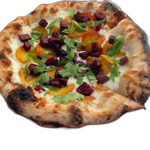 food, photorealistic, 3d render, freshly, baked, pizza, toppings, beets transparent PNG cut-out