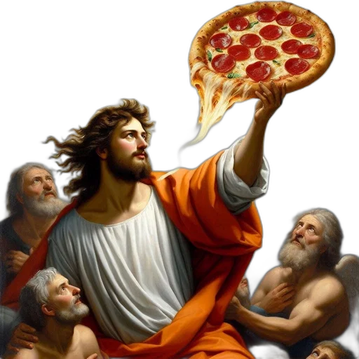 food, weapon, photorealistic, eccentric, scene, features, religious, figure transparent PNG cut-out