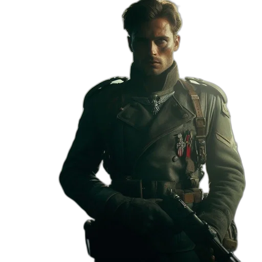jacket, weapon, face, staff, concept art, 3d render, photorealistic, cyberpunk transparent PNG cut-out