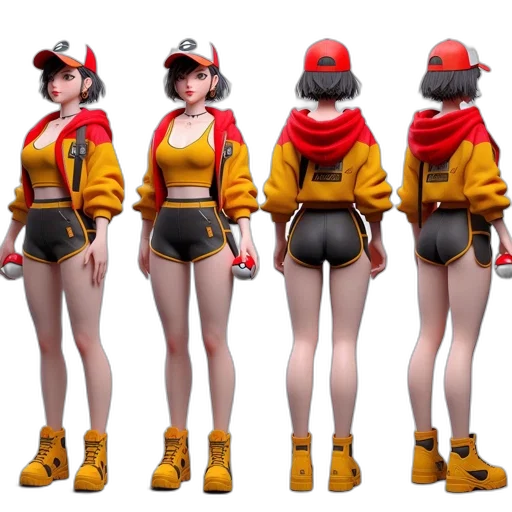 jacket, concept art, 3d render, fantasy art, comic book art, red, animated, female transparent PNG cut-out