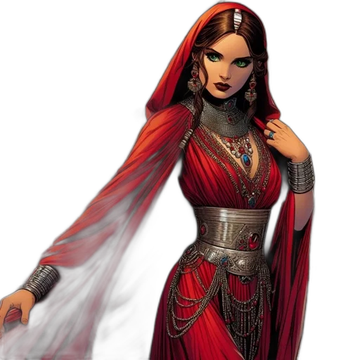 fantasy art, concept art, comic book art, 3d render, red, elegant, woman, gown transparent PNG cut-out
