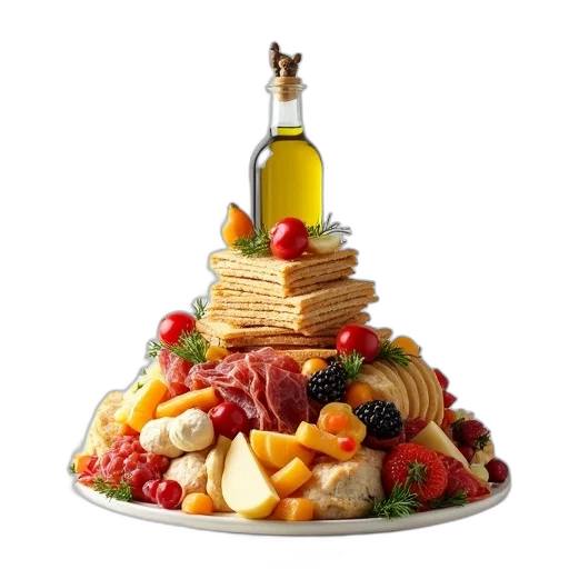 food, crown, pyramid-shaped, arrangement, various, types, displayed, white transparent PNG cut-out