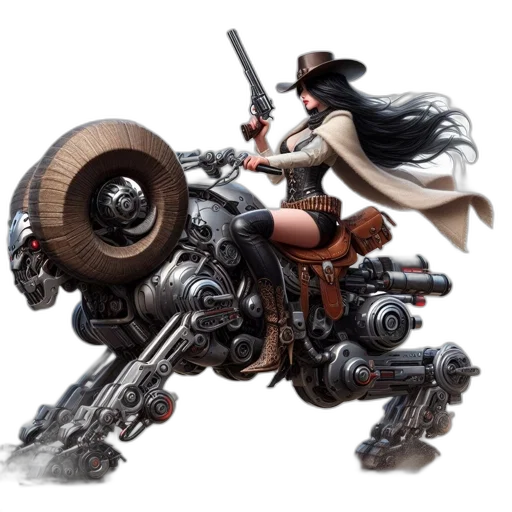 weapon, concept art, comic book art, fantasy art, photorealistic, woman, western, wear transparent PNG cut-out