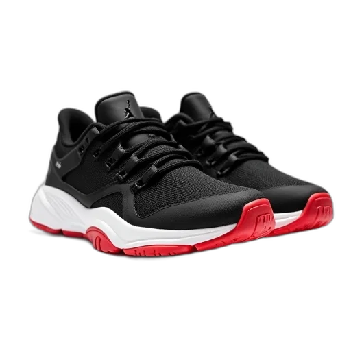 shoes, pair, black, white, sneakers, red, accents, soles transparent PNG cut-out