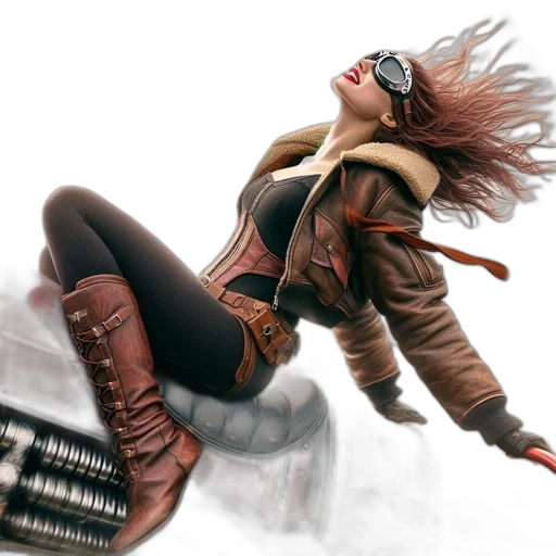 jacket, weapon, comic book art, concept art, photorealistic, cyberpunk, woman, rides transparent PNG cut-out