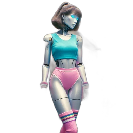robot, staff, concept art, vaporwave, 3d render, cyberpunk, pastel, neon transparent PNG cut-out