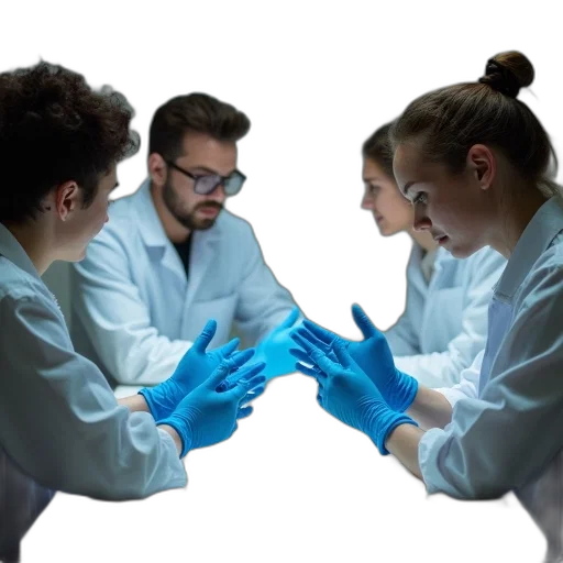 staff, hair, jacket, three, students, wearing, latex, gloves transparent PNG cut-out