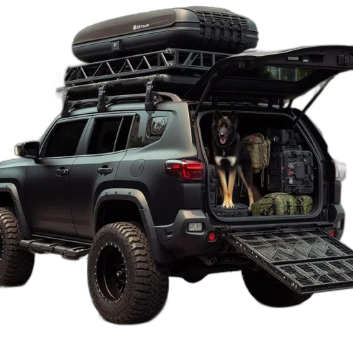 car, black, suv, roof-mounted, container, military, gear, holds transparent PNG cut-out