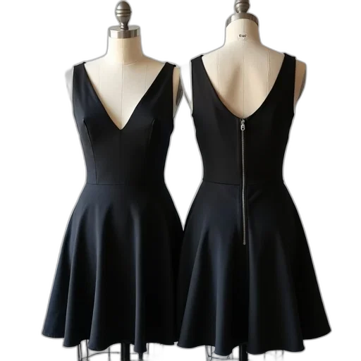 dress, dark, monochrome, black, v-neckline, flared, skirt, displayed transparent PNG cut-out