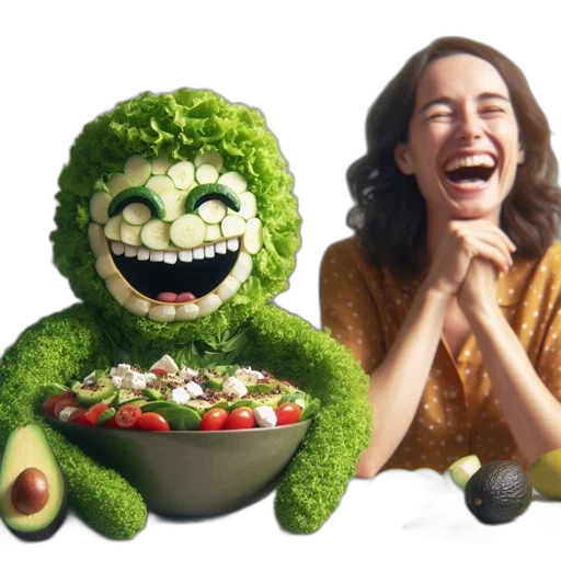 food, creature, concept art, animated, lettuce, character, smile, serves transparent PNG cut-out