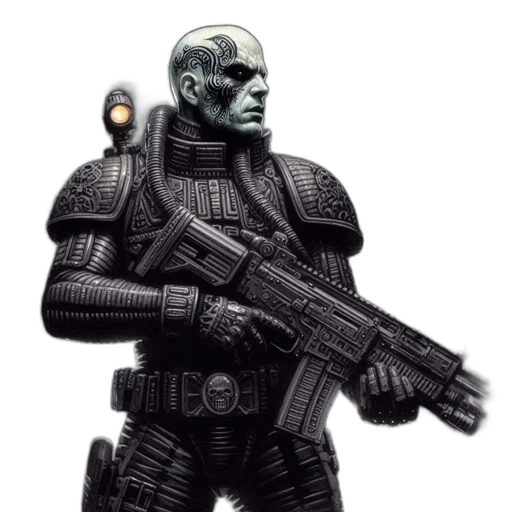 robot, weapon, concept art, comic book art, cyberpunk, 3d render, armored, stoic transparent PNG cut-out