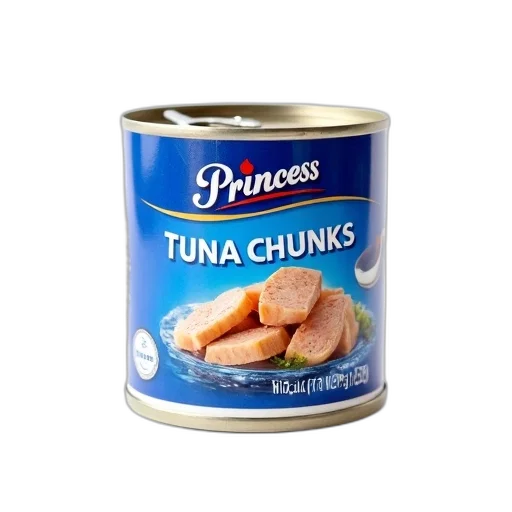 food, animal, can, tuna, chunks, brine, princess, displayed transparent PNG cut-out