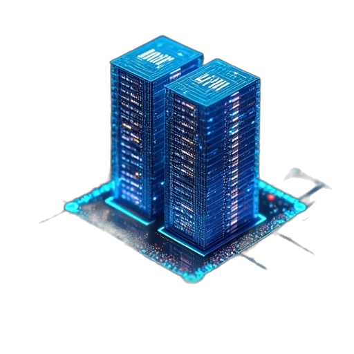 building, robot, 3d render, cyberpunk, pixel art, concept art, blue, virtual transparent PNG cut-out