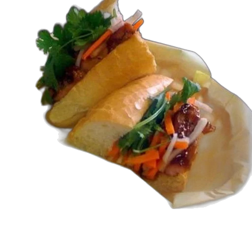 food, photorealistic, sandwich, carrots, cilantro, sits, yellow, paper transparent PNG cut-out