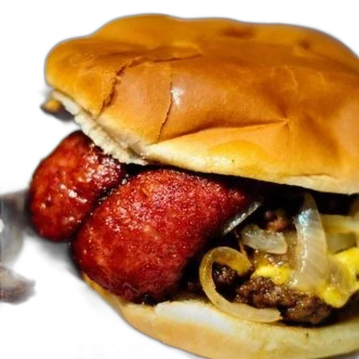 food, delicious-looking, burger, juicy, sausage, patty, onions, fries transparent PNG cut-out
