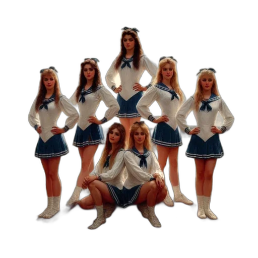 staff, seven, female, cheerleaders, matching, white, blue, attire transparent PNG cut-out