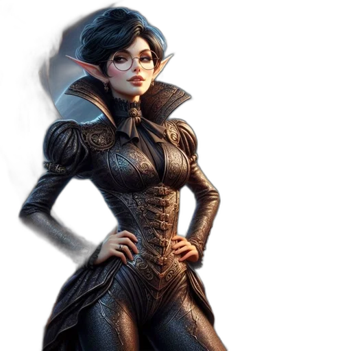 concept art, fantasy art, comic book art, 3d render, dark, woman, elf-like, ears transparent PNG cut-out
