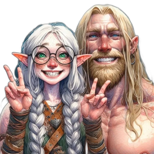 fantasy art, concept art, comic book art, watercolor, two, animated, characters, female transparent PNG cut-out