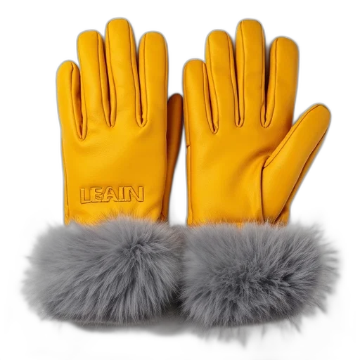 pair, yellow, gloves, fluffy, grey, fur, trim, cuffs transparent PNG cut-out