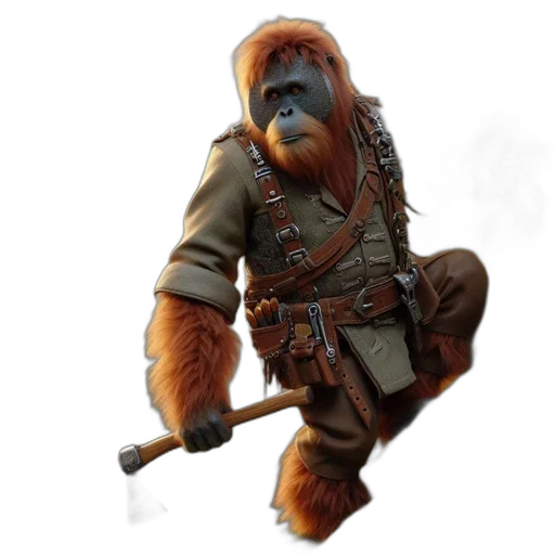 staff, animal, concept art, fantasy art, photorealistic, 3d render, anthropomorphic, orangutan transparent PNG cut-out