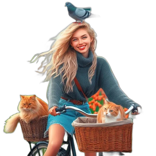 animal, fantasy art, oil painting, photorealistic, concept art, city street, young, woman transparent PNG cut-out
