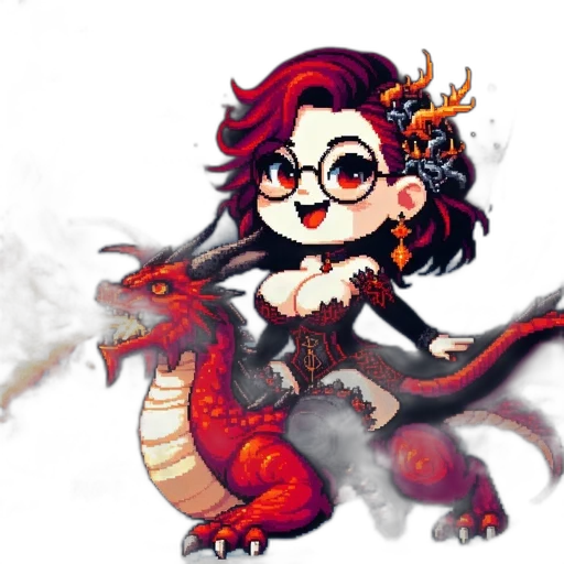 dragon, staff, fantasy art, pixel art, concept art, watercolor, red, chibi transparent PNG cut-out