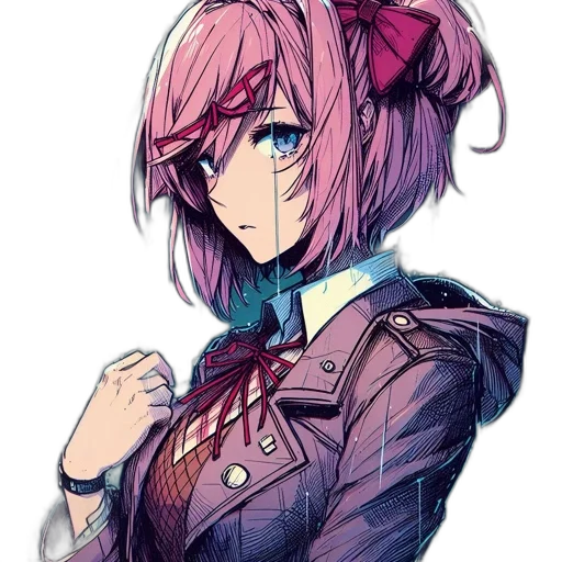 jacket, weapon, staff, face, anime, pixel art, concept art, cartoon transparent PNG cut-out