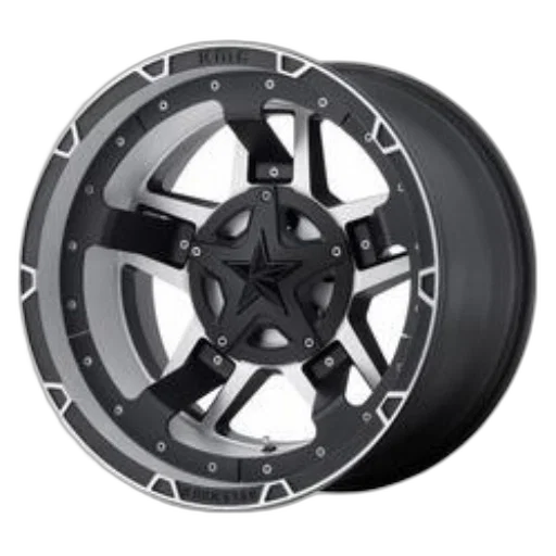black, silver, star-themed, wheel, rugged, design, featuring, central transparent PNG cut-out