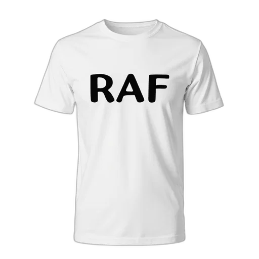 3d render, white, t-shirt, word, raf, black, text, front transparent PNG cut-out