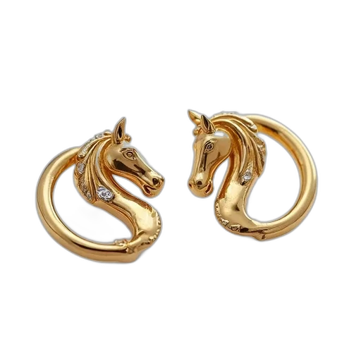 jewelry, pair, gold, earrings, detailed, horse, head, design transparent PNG cut-out