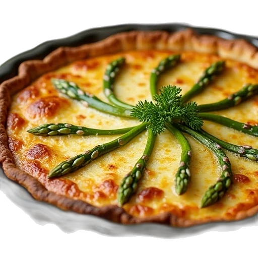 food, photorealistic, 3d render, quiche, asparagus, cheese, pie, plate transparent PNG cut-out