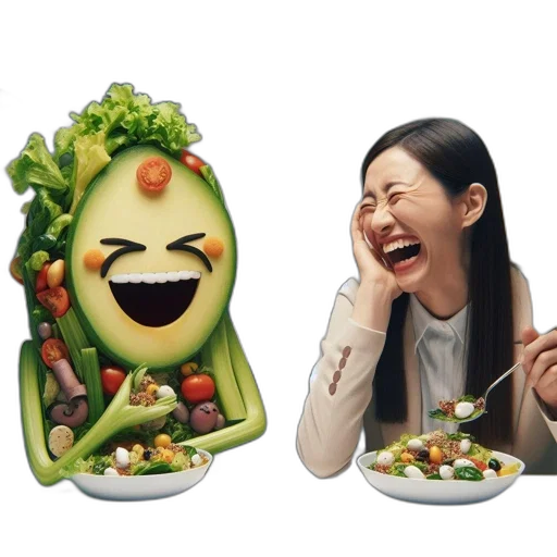 food, photorealistic, concept art, animated, fruit-vegetable, character, laughs, amidst transparent PNG cut-out
