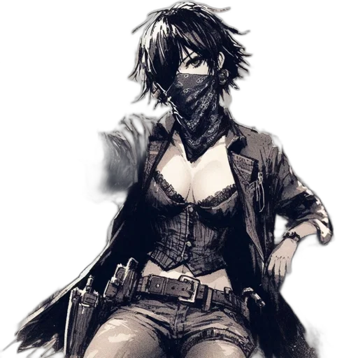 weapon, mask, staff, jacket, concept art, fantasy art, comic book art, cyberpunk transparent PNG cut-out