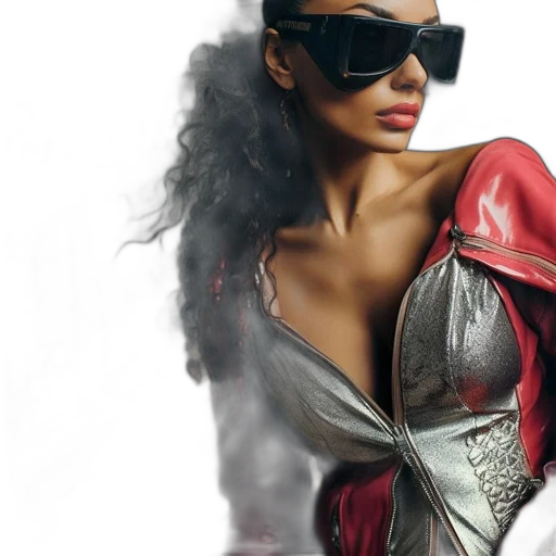 photorealistic, comic book art, concept art, 3d render, woman, vibrant, red, jacket transparent PNG cut-out