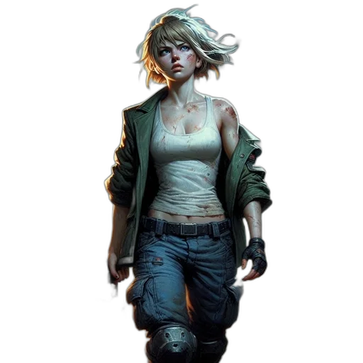 jacket, concept art, comic book art, cyberpunk, fantasy art, green, earth tones, determined transparent PNG cut-out