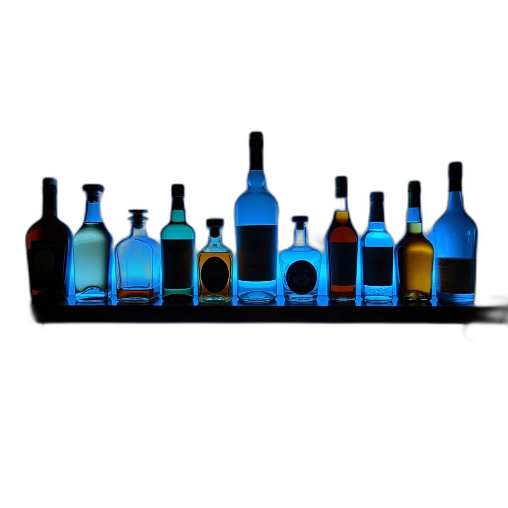 bottle, crown, 3d render, photorealistic, neon lights, night, blue, neon transparent PNG cut-out