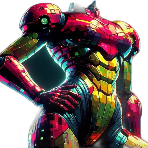 robot, concept art, 3d render, comic book art, pixel art, colorful, neon, red transparent PNG cut-out