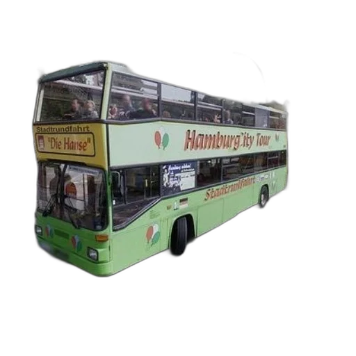 3d render, photorealistic, green, double-decker, bus, hamburg, city, tour transparent PNG cut-out