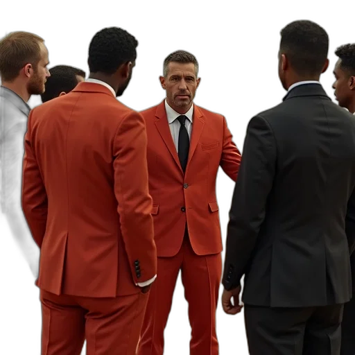 jacket, red, man, orange, pants, being, interviewed, group transparent PNG cut-out