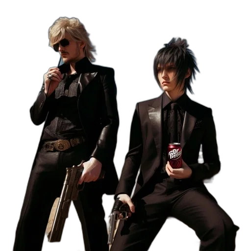 staff, jacket, weapon, concept art, two, individuals, stand, sit transparent PNG cut-out